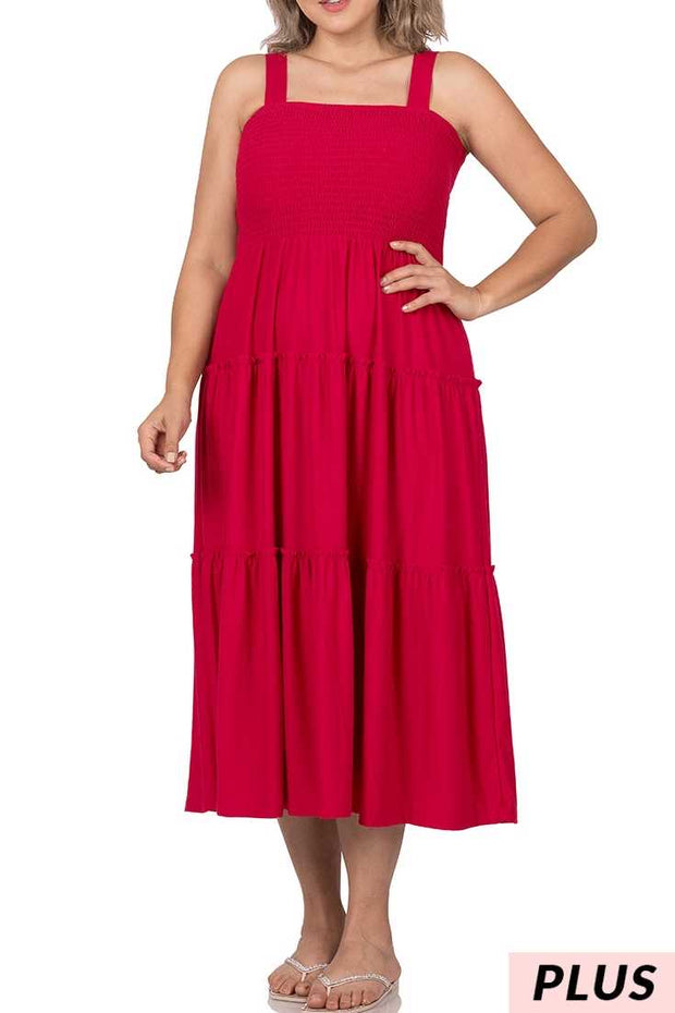 LD-V {Decide The Vibe} Dk Red Smocked Tiered Sundress PLUS SIZE 1X 2X 3X