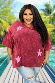 64 PSS-H {The Pink Star} Burgundy Mineral Wash Star Print Top PLUS SIZE 1X 2X 3X