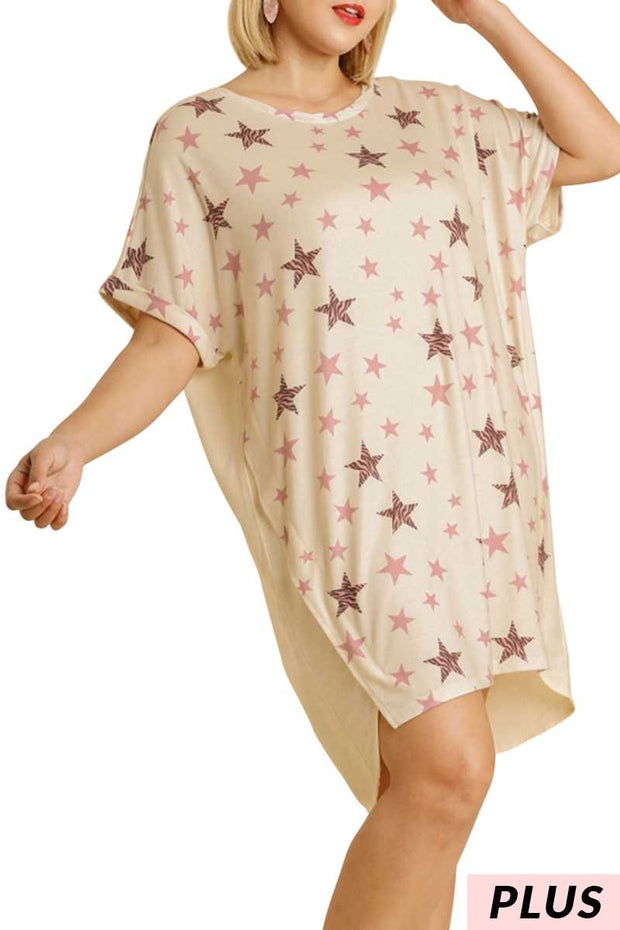 66 PSS-N {Superstar} "UMGEE" SALE!  White Star Print Tunic PLUS SIZE XL 1X 2X