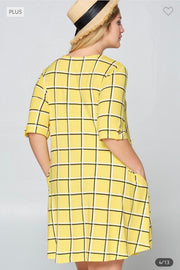 99 PSS-A {Catch My Drift} Yellow Check Print V-Neck Dress PLUS SIZE 1X 2X 3X