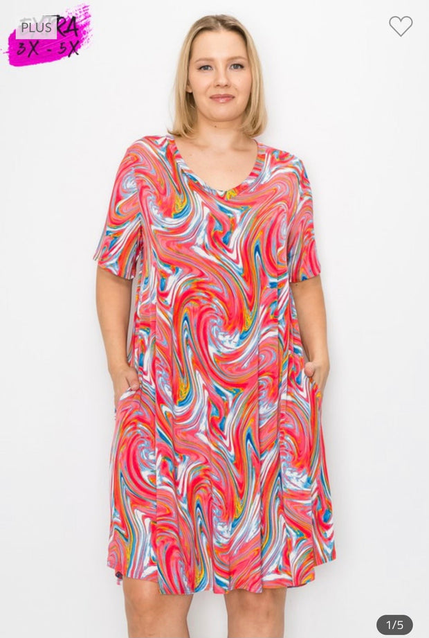 55 PSS-A {Last Of A Kind} Multi-Color V-Neck Printed Dress EXTENDED PLUS SIZE 1X 2X 3X 4X 5X