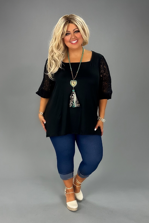 19 SD-A {Live And Laugh Often} Black Top w/Lace Sleeves PLUS SIZE 1X 2X 3X
