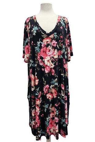 55 PSS-I {Roses At Night} Black Rose Print V-Neck Dress EXTENDED PLUS SIZE 3X 4X 5X