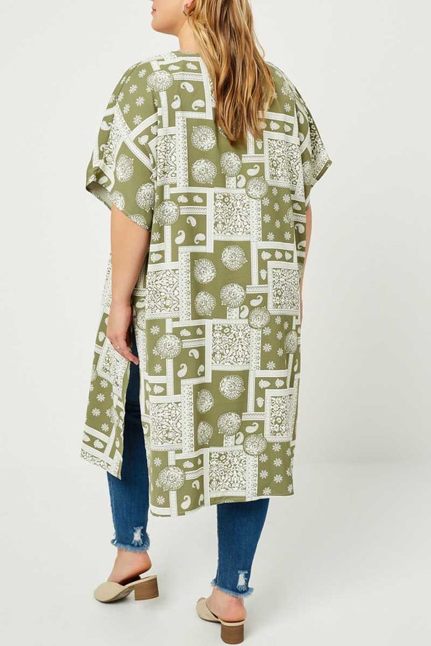 53 OT-D {County Line} Olive Multi Print Cardigan Plus Size XL 2X 3X