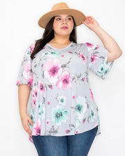 52 PSS-Y {All In Fun} Grey/Pink Floral V-Neck Top PLUS SIZE XL 2X 3X