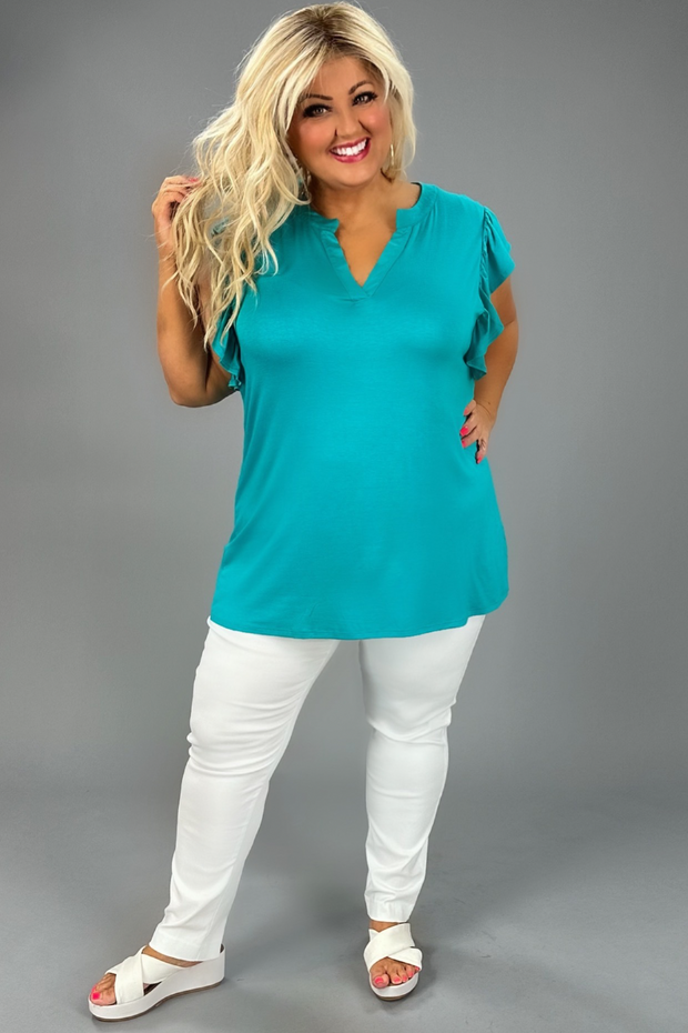 17 SSS-C {Special Treat} Teal V-Neck Ruffle Sleeve Top PLUS SIZE XL 2X 3X