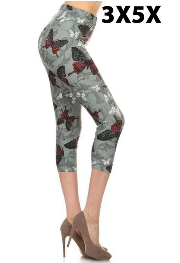 LEG-53 {Beauty Flies} Butterlfy Printed Sage Butter Soft Capri Leggings EXTENDED PLUS SIZE 3X/5X