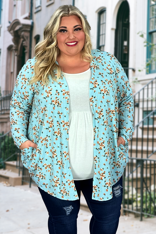 49 OT-B {Raise Your Standard} Aqua Floral Ribbed Cardigan CURVY BRAND!!!  EXTENDED PLUS SIZE 1X 2X 3X 4X 5X 6X