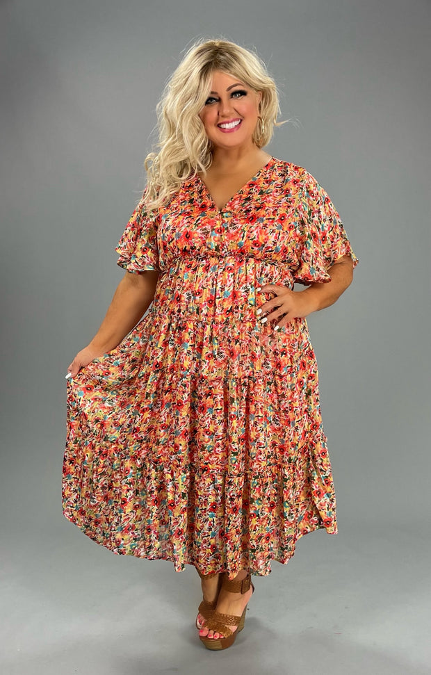 44 PSS-A {Try To Resist} Umgee Orange Mix Tiered Dress PLUS SIZE XL 1X 2X