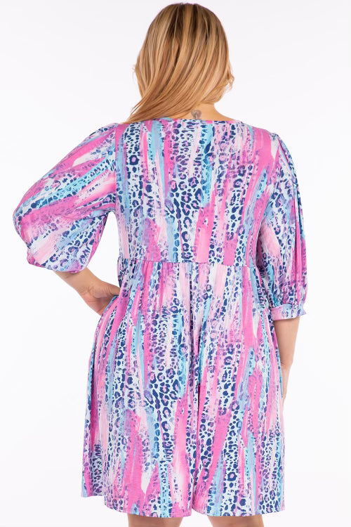 61 PQ-C [Southern Social}***SALE*** Pink Printed Babydoll Dress PLUS SIZE 1X 2X 3X