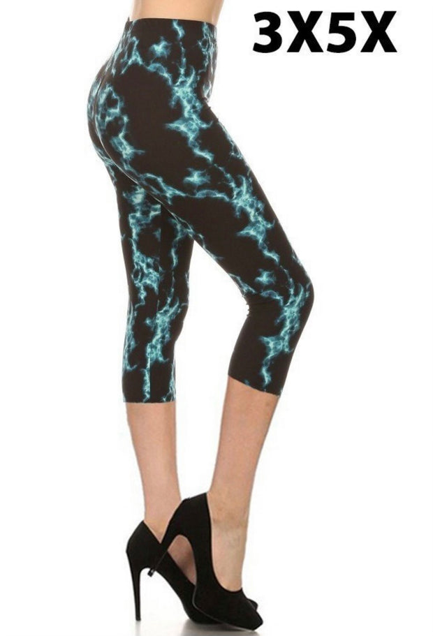 LEG-32 {Night Storms} Blue Lightening Printed Butter Soft Capri Leggings EXTENDED PLUS SIZE 3X/5X