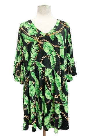 23 PSS-J {Leafy Chains} SALE!! Green Print V-Neck Babydoll Top EXTENDED PLUS SIZE 3X 4X 5X