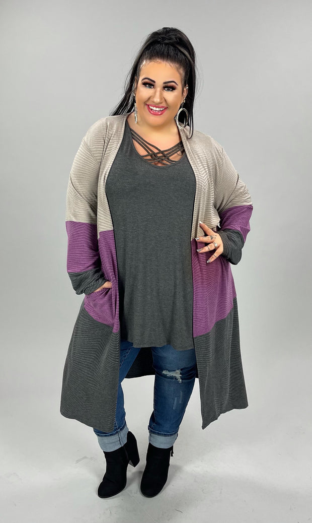 36 OT-F {Wave Effect} Purple Stripe Long Cardigan PLUS SIZE 1X 2X 3X