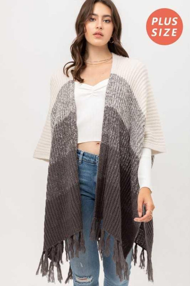 OT-X {I'll Be Waiting} Grey White Fringe Poncho PLUS SIZE XL 2X 3X