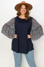 21 CP-P {My Very Own} Navy Top w/Floral Print Sleeves CURVY BRAND!!!! 4X 5X 6X