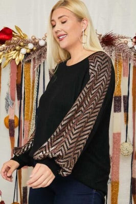 74 CP-A {Still Your Best} Black/Brown Sequin Top PLUS SIZE 1X 2X 3X