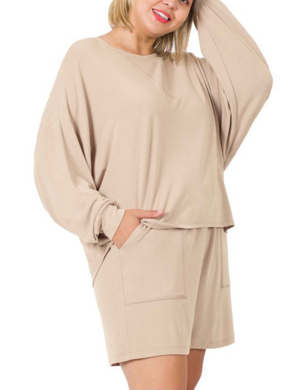 21 SET-L {The Good Life} Mocha Long Sleeve Short Set SALE!!! Plus Size 1X 2X 3X