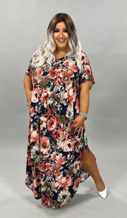 LD-T {Love Simply} Navy Floral V-Neck Long Dress PLUS SIZE 1X 2X 3X