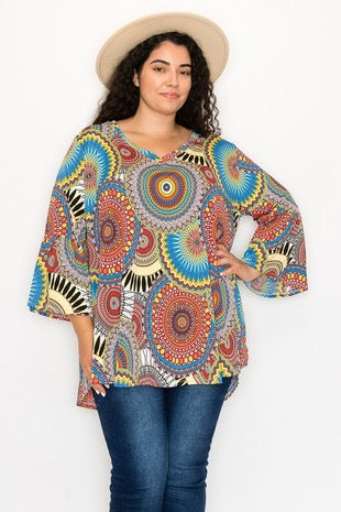 54 PQ-A {Need You More} Red Mandala Print V-Neck Top EXTENDED PLUS SIZE 3X 4X 5X