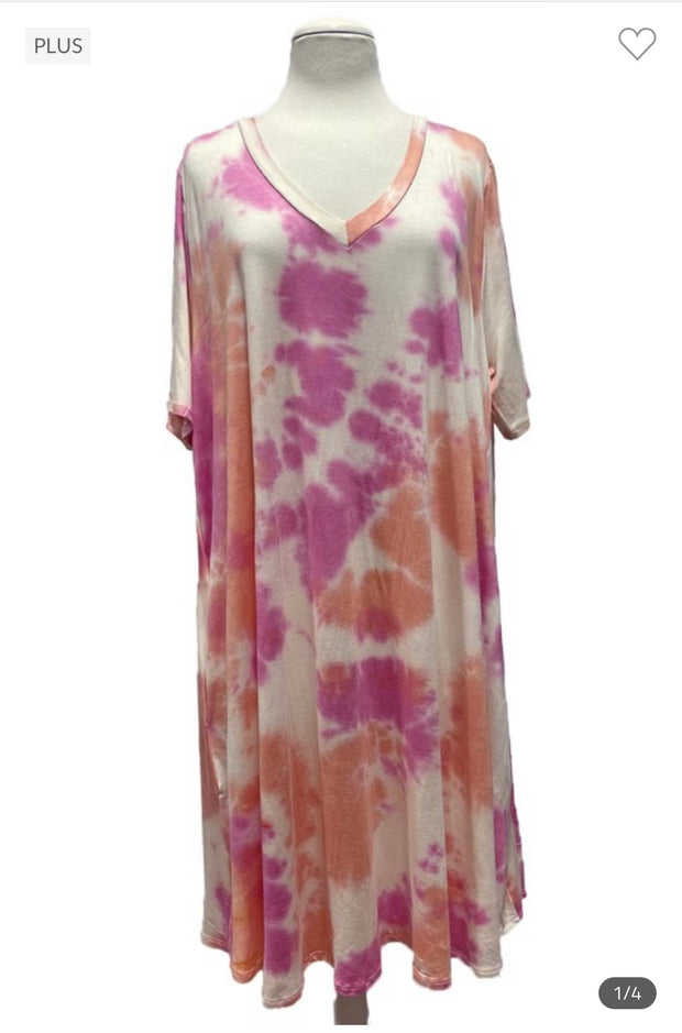 76 PSS-C {Lovely Wishes} ***SALE***Coral Fuchsia Tie Dye Dress EXTENDED PLUS SIZE 3X 4X 5X