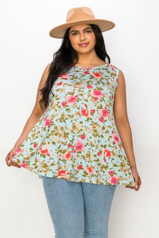 25 SV-H {Flowers Make Me Happy} Mint Floral Sleeveless Top PLUS SIZE XL 2X 3X