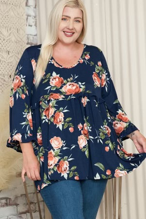 60 PQ-H {Force Of Nature} Dark Navy Floral Babydoll Top EXTENDED PLUS SIZE 3X 4X 5X