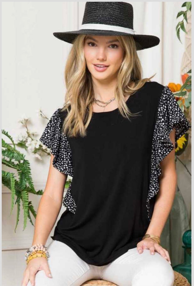 85 CP-B {A Flutter Above} Black Top W/Print Contrast PLUS SIZE 1X 2X 3X