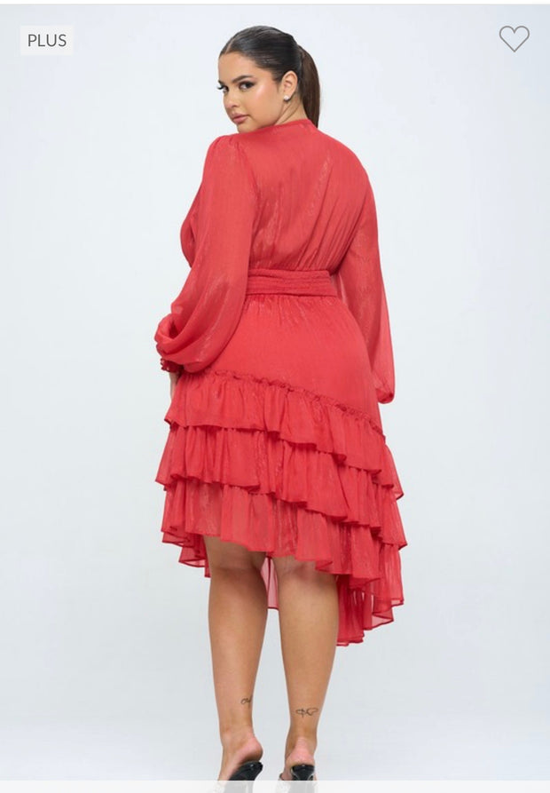 LD-G {Excited For This} Red Smocked Ruffle Hem Lined Dress PLUS SIZE 1X 2X 3X