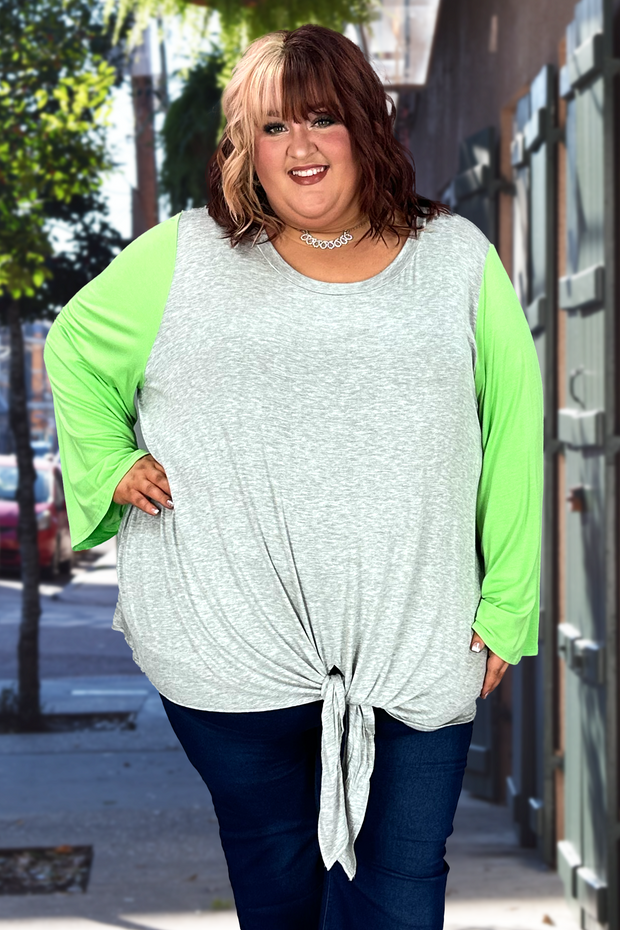 27 CP-Y {Things I Love} H. Grey/Lime Green Front Tie Top CURVY BRAND!!!  EXTENDED PLUS SIZE 1X 2X 3X 4X 5X 6X