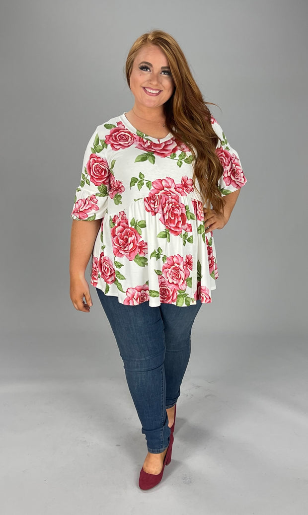 75 PSS-A {Feeling So Right} Ivory/Red ***SALE*** Rose Print Babydoll Top PLUS SIZE 1X 2X 3X