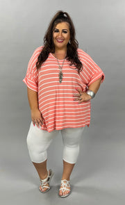 63 PSS-F {Good Energy}  SALE!! Coral Striped Top Cuffed Sleeves PLUS SIZE XL 2X 3X