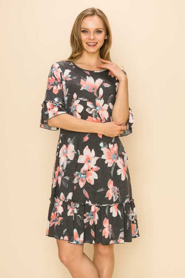 42 PSS-D {Hear My Voice} Charcoal Floral Dress PLUS SIZE XL 2X 3X