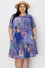 74 PSS-E {We Have History} Royal Blue Mix Print V-Neck Dress EXTENDED PLUS SIZE 3X 4X 5X