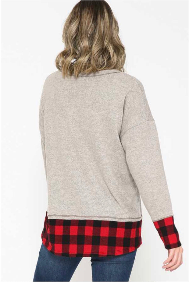 22 CP-G {Clear Your Schedule} Grey Red Plaid Contrast Top PLUS SIZE XL 2X 3X