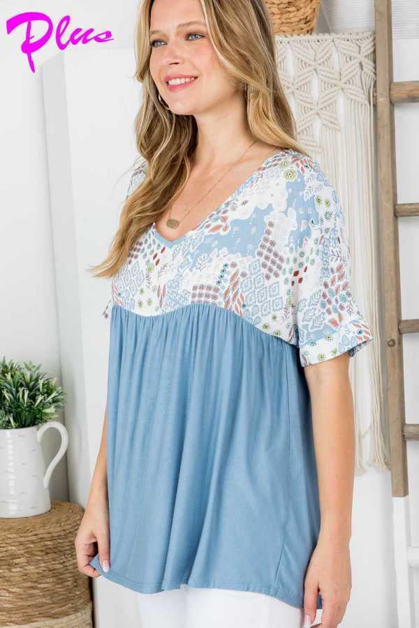 38 CP-Z {Call Me Charming} Denim Floral Print Babydoll Top PLUS SIZE 1X 2X 3X  SALE!!