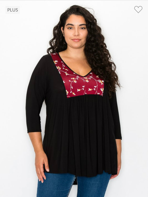 32 CP-A {Got You Falling} Black Burgundy Flower Contrast Top CURVY BRAND EXTENDED PLUS SIZE 1X 2X 3X 43X 5X 6X