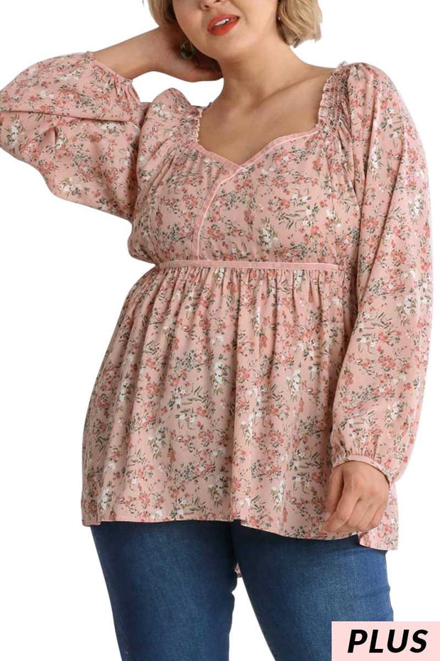 83 PLS-Z {Growing Fonder} Umgee Blush Floral  Babydoll Top PLUS SIZE XL 1X 2X