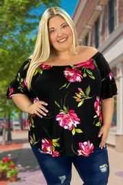 35 PSS-S {Eyes Are On Me} Black Floral Flutter Sleeve Top PLUS SIZE XL 2X 3X