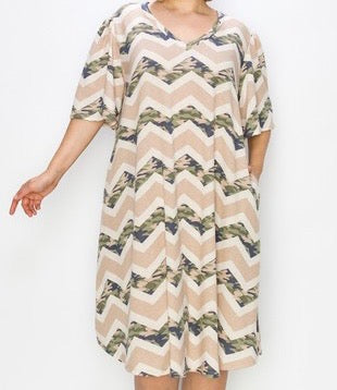 12 PSS-I {Calm And Cool} SALE!! Beige Camo Chevron Print Dress EXTENDED PLUS SIZE 3X 4X 5X