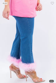 BT-I {Curve Delicious} Stretch Denim Jeans w/Pink Feathers PLUS SIZE XL 2X 3X
