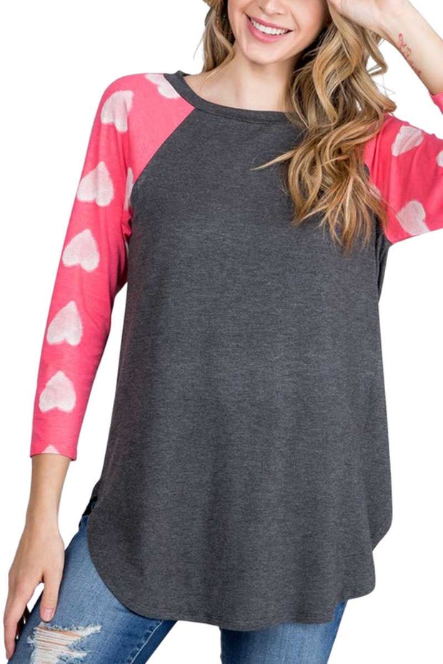 46 GT-A {Flirty Feelings} Charcoal With Pink Heart Sleeve Top PLUS SIZE XL 2X 3X