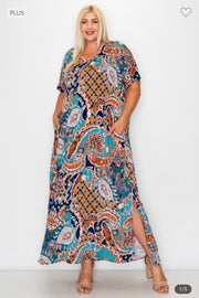 LD-Z {Always Graceful} Teal Print V-Neck Maxi Dress EXTENDED PLUS SIZE 3X 4X 5X