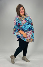 94 PQ-A {Floral Meets Paisley} Blue Floral Paisley Tunic EXTENDED PLUS SIZE 3X 4X 5X