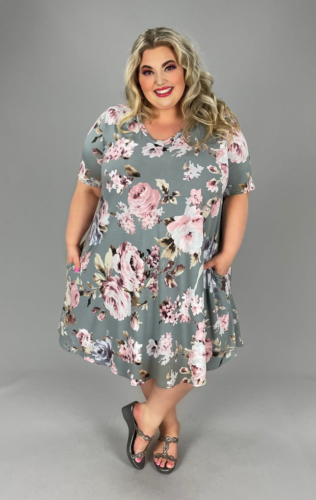 55 PSS-D {Through The Fields}  Ash Grey Floral V-Neck Dress EXTENDED PLUS SIZE 3X 4X 5X