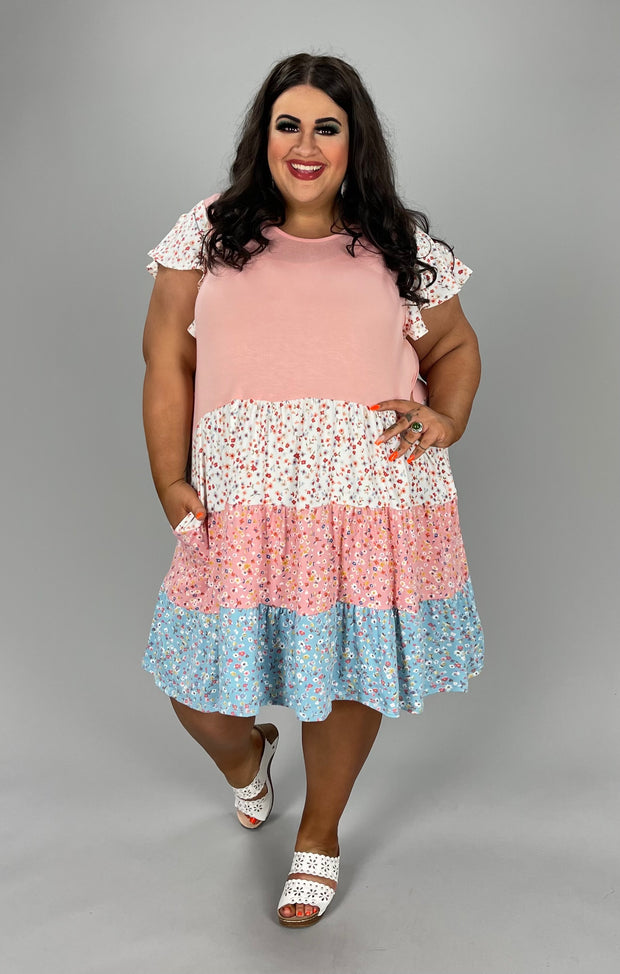 73 PSS-Z [Peach Fantasy} Peach Floral Tiered Dress PLUS SIZE 1X 2X 3X