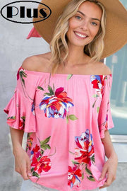 35 PSS-T [Eyes Are On Me} Pink Floral Flutter Sleeve Top PLUS SIZE XL 2X 3X