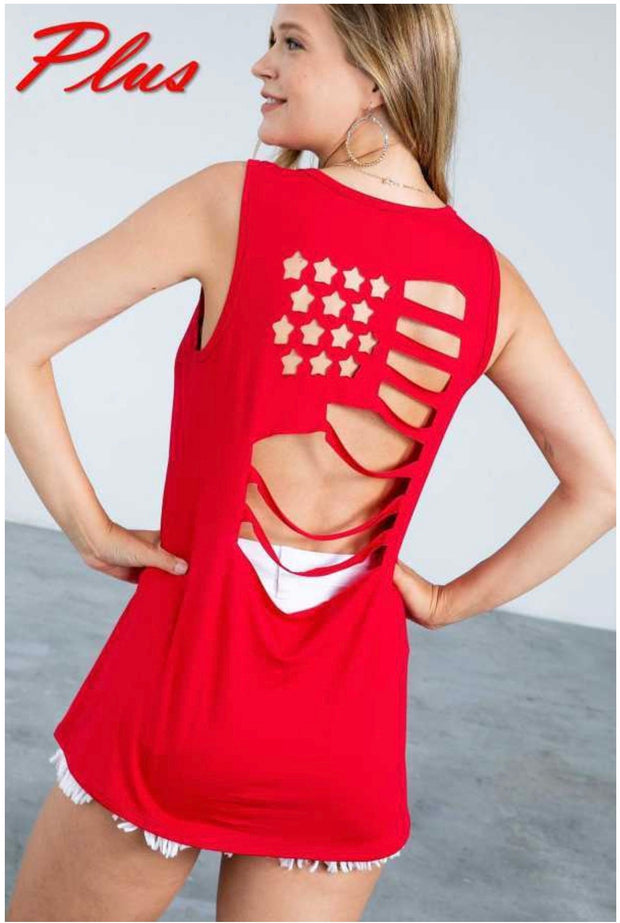 78 SV-C {Our Flag Still Waves} Red Sleeveless Top W/Cutout Back PLUS SIZE 1X 2X 3X