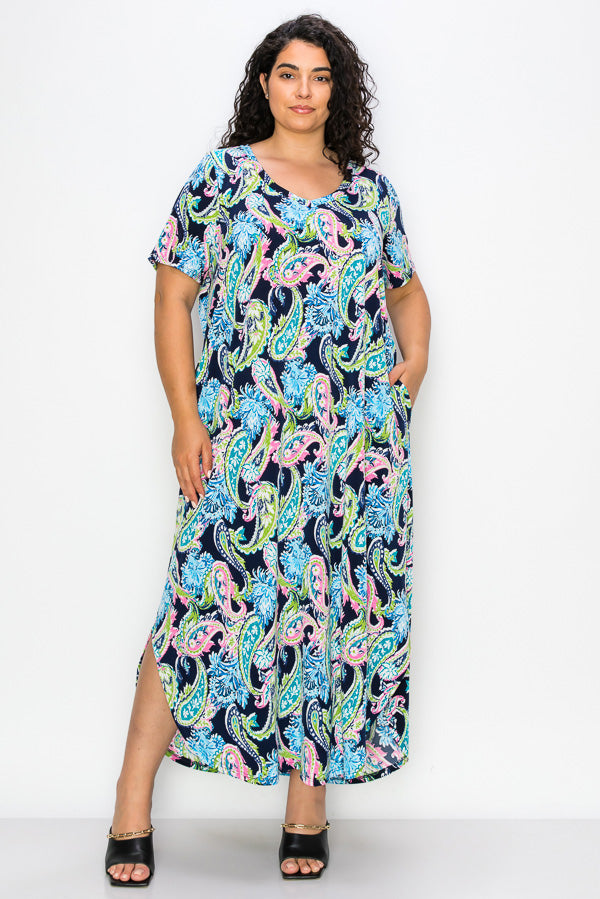 LD-M {Paisley Garden} ***SALE***Navy Paisley V-Neck Long Dress EXTENDED PLUS SIZE 4X 5X 6X