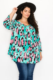 51 PQ-Z {At This Point} Turquoise Animal Print V-Neck Top EXTENDED PLUS SIZE 3X 4X 5X