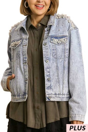 13 OT-C {What It Takes} Umgee Lt. Denim Short Jacket W/Pearls PLUS SIZE XL 1X 2X